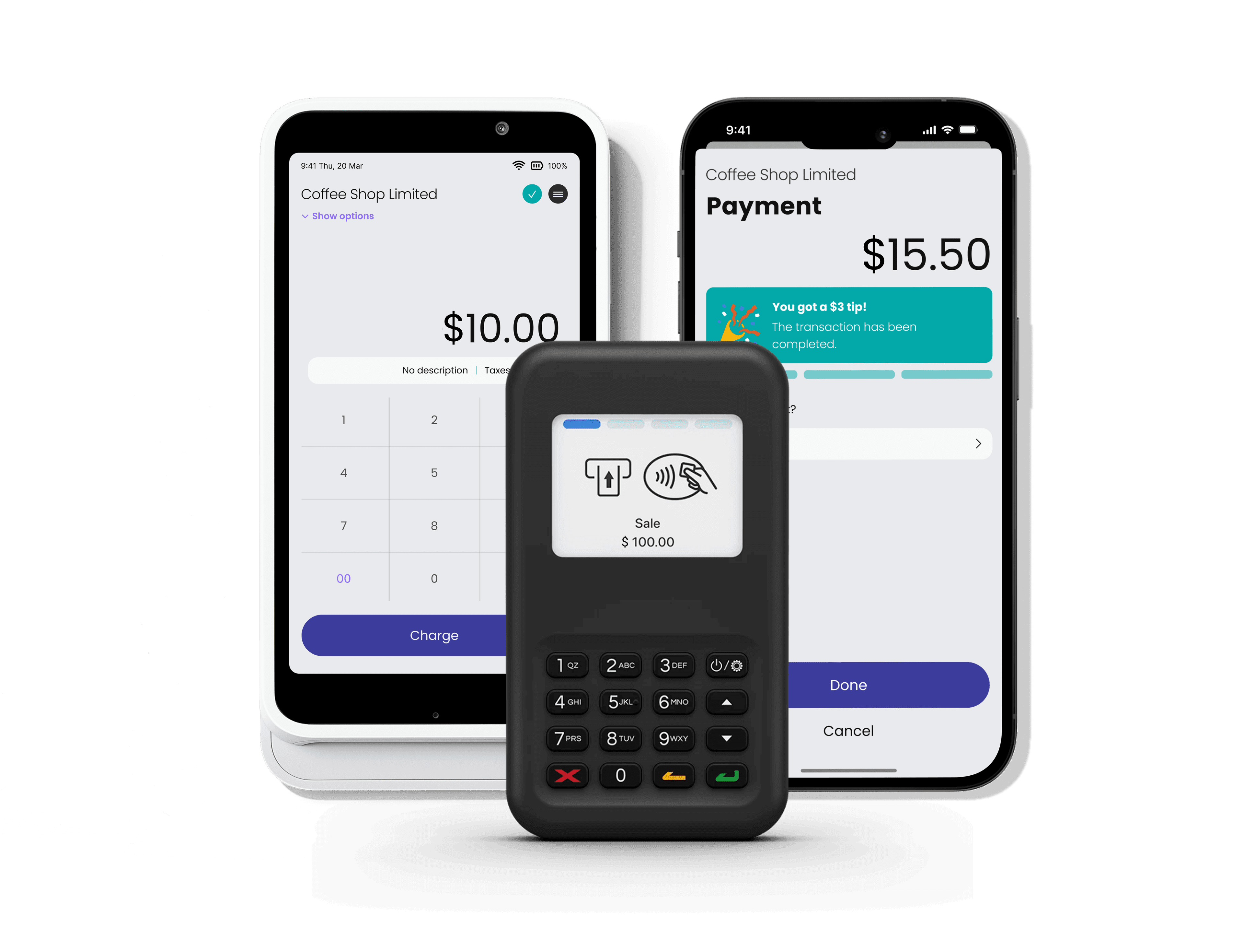 US payment devices showing tablet, smartphone and card terminal processing payments